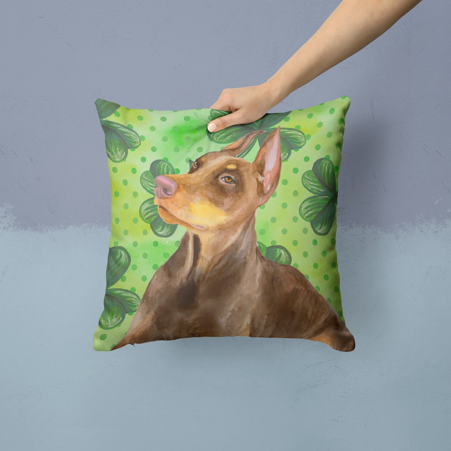 Doberman Pinscher St Patrick's Decorative Throw Pillow 14x14 Indoor Outdoor Accent Cushion, Fabric Cover with Insert for Sofa, Bed, Porch & Living Room