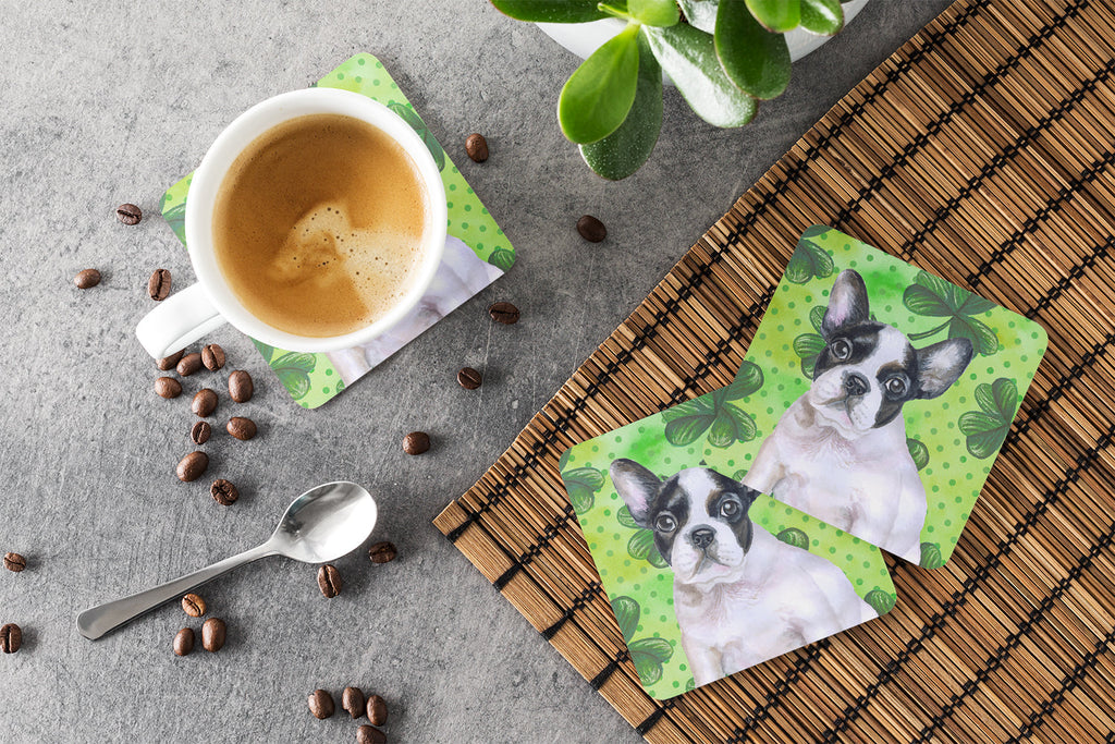 French Bulldog Black White St Patrick's Foam Coasters Set of 4 Cup Coasters for Indoor Outdoor, Tabletop Protection, Anti Slip, Mouse pad Material