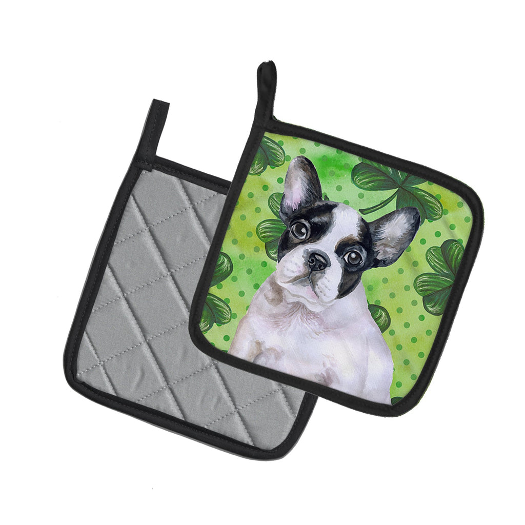French Bulldog Black White St Patrick's Pot Holder Set of 2 Heat Resistant Quilted Hot Pads 7.5 x 7.5 Inch, Insulated Kitchen Trivets for Cooking & Baking