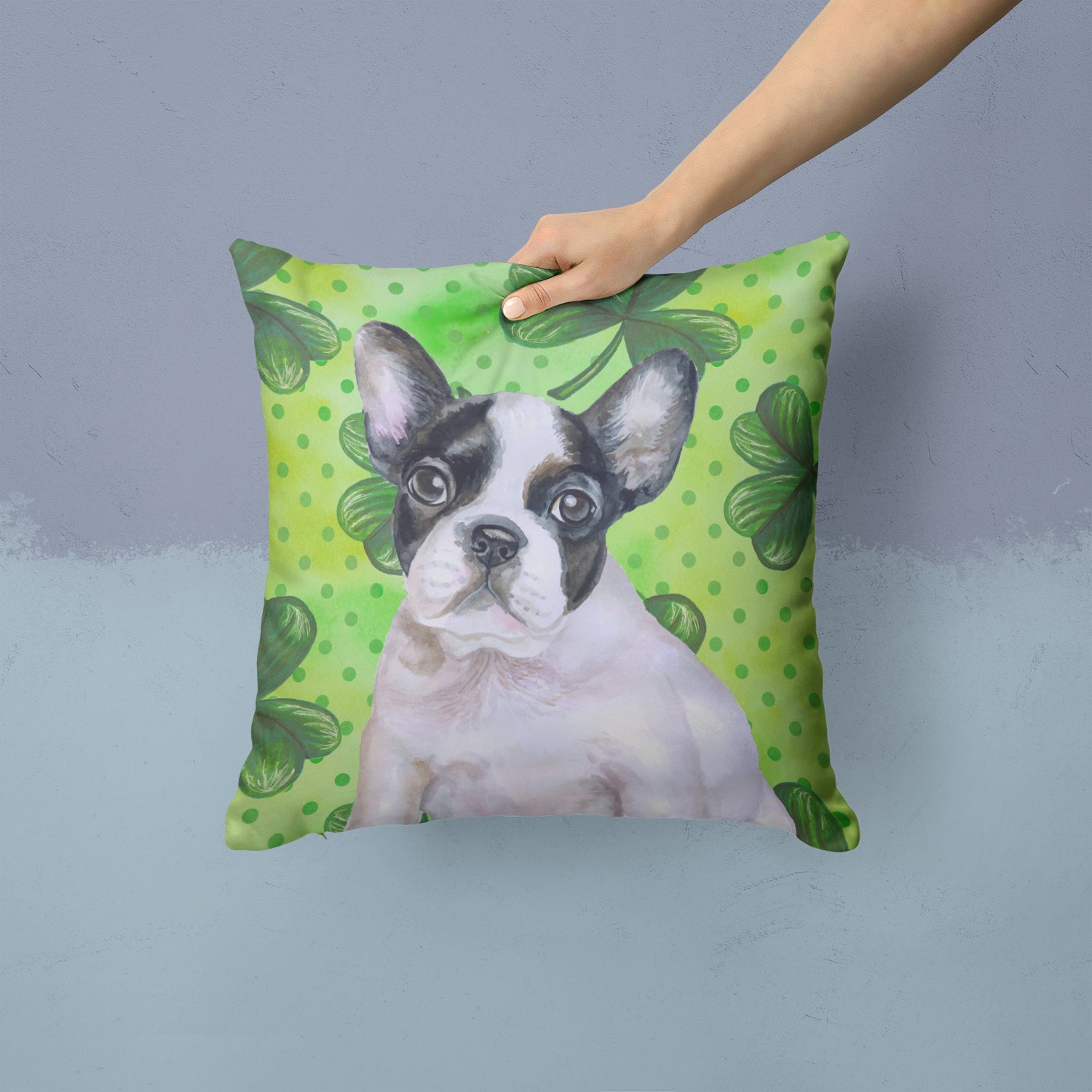 French Bulldog Black White St Patrick's Decorative Throw Pillow 14x14 Indoor Outdoor Accent Cushion, Fabric Cover with Insert for Sofa, Bed, Porch & Living Room