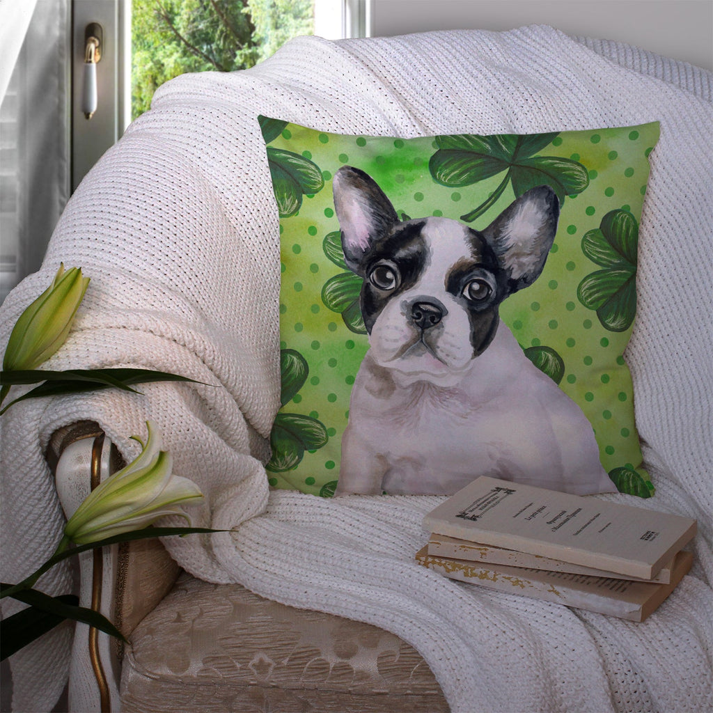 French Bulldog Black White St Patrick's Decorative Throw Pillow 14x14 Indoor Outdoor Accent Cushion, Fabric Cover with Insert for Sofa, Bed, Porch & Living Room