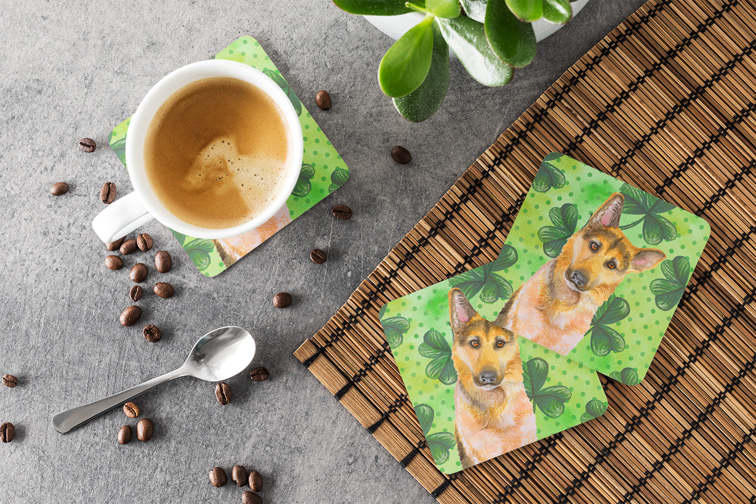 German Shepherd #2 St Patrick's Foam Coasters Set of 4 Cup Coasters for Indoor Outdoor, Tabletop Protection, Anti Slip, Mouse pad Material