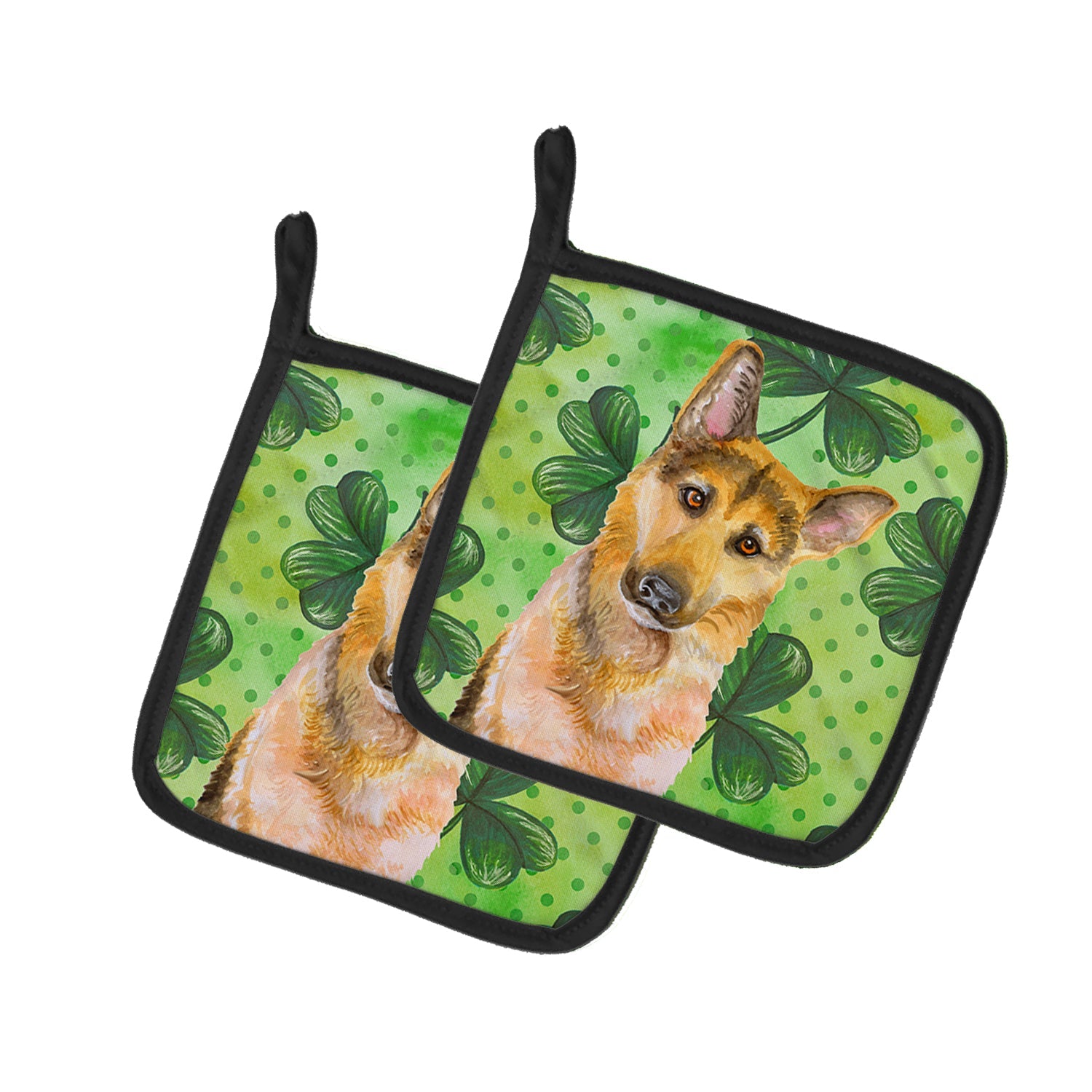 German Shepherd #2 St Patrick's Pot Holder Set of 2 Heat Resistant Quilted Hot Pads 7.5 x 7.5 Inch, Insulated Kitchen Trivets for Cooking & Baking