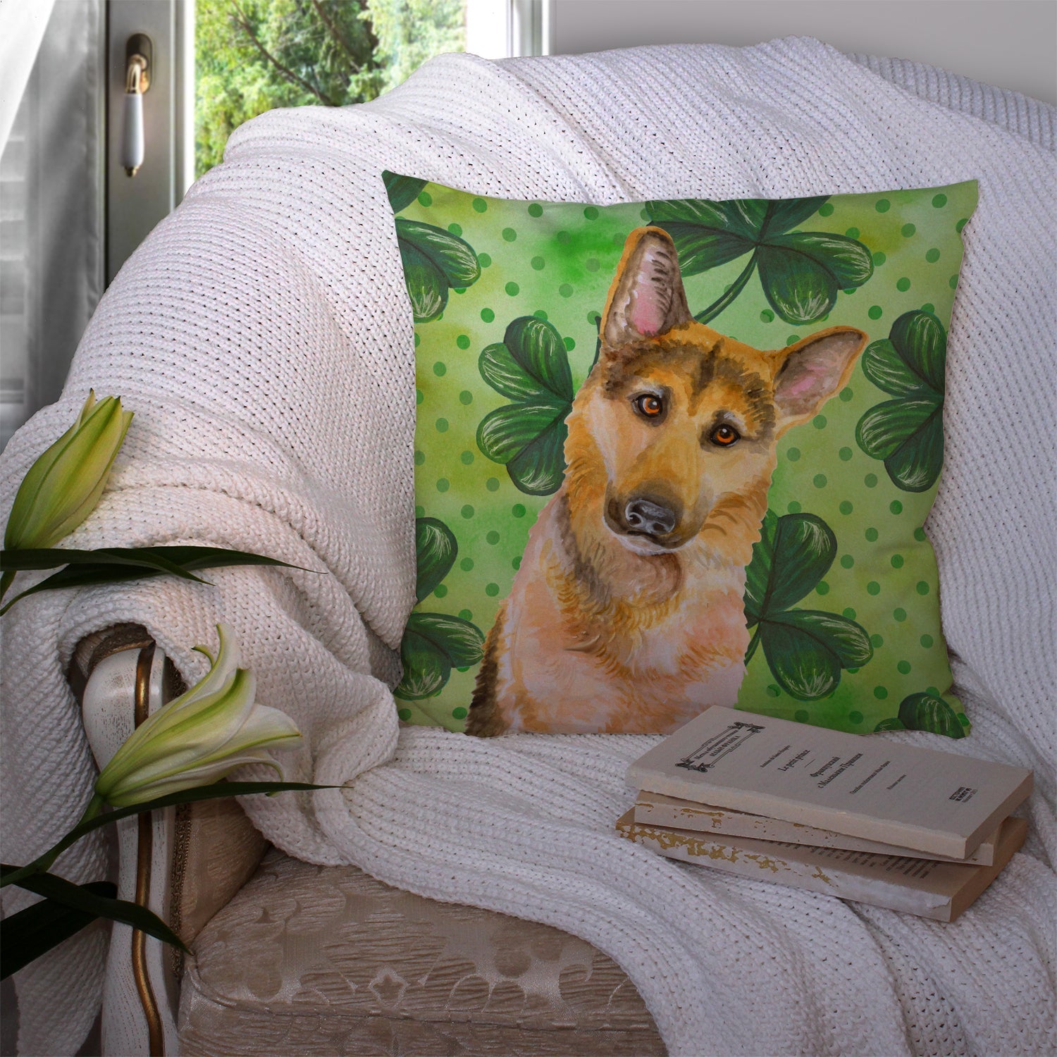 German Shepherd #2 St Patrick's Decorative Throw Pillow 14x14 Indoor Outdoor Accent Cushion, Fabric Cover with Insert for Sofa, Bed, Porch & Living Room