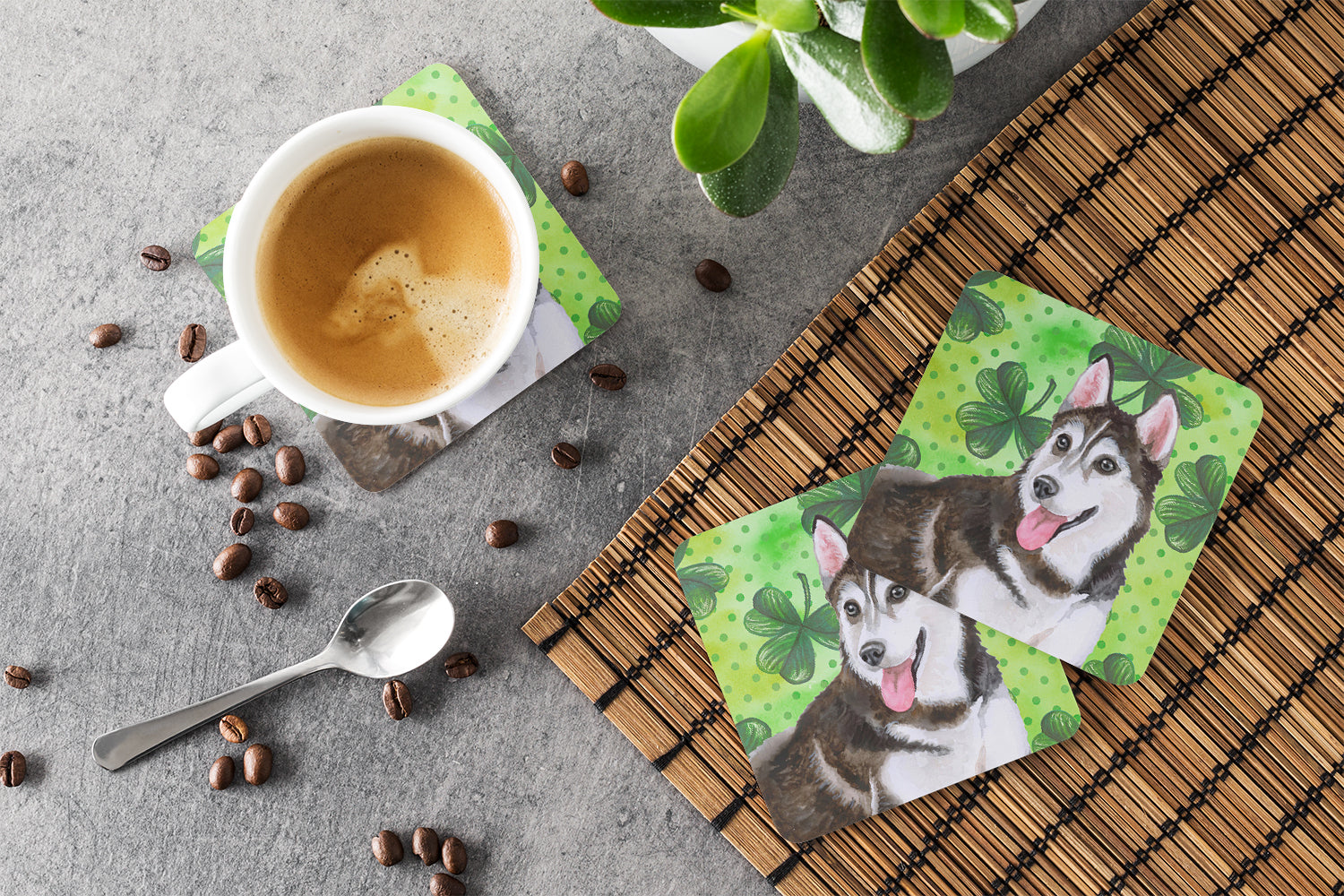 Siberian Husky #2 St Patrick's Foam Coasters Set of 4 Cup Coasters for Indoor Outdoor, Tabletop Protection, Anti Slip, Mouse pad Material