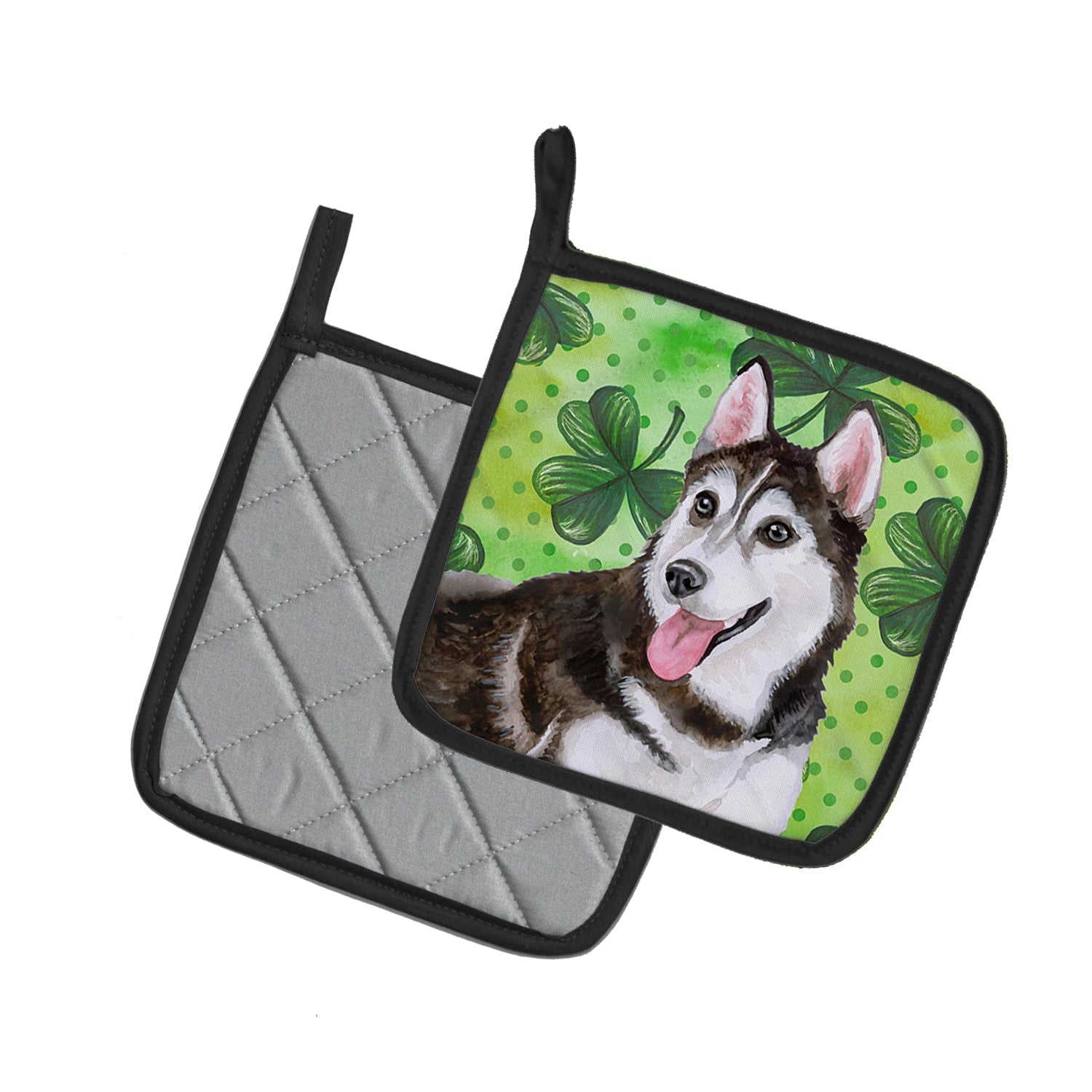 Siberian Husky #2 St Patrick's Pot Holder Set of 2 Heat Resistant Quilted Hot Pads 7.5 x 7.5 Inch, Insulated Kitchen Trivets for Cooking & Baking