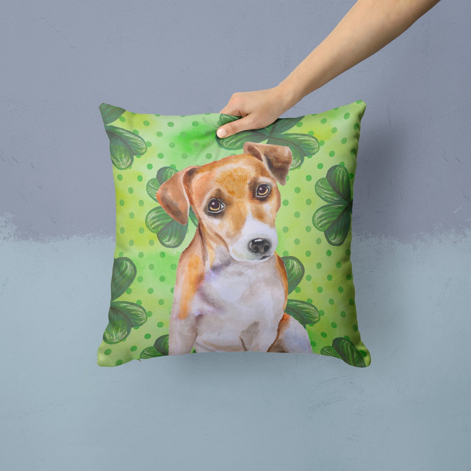 Jack Russell Terrier #2 St Patrick's Decorative Throw Pillow 14x14 Indoor Outdoor Accent Cushion, Fabric Cover with Insert for Sofa, Bed, Porch & Living Room