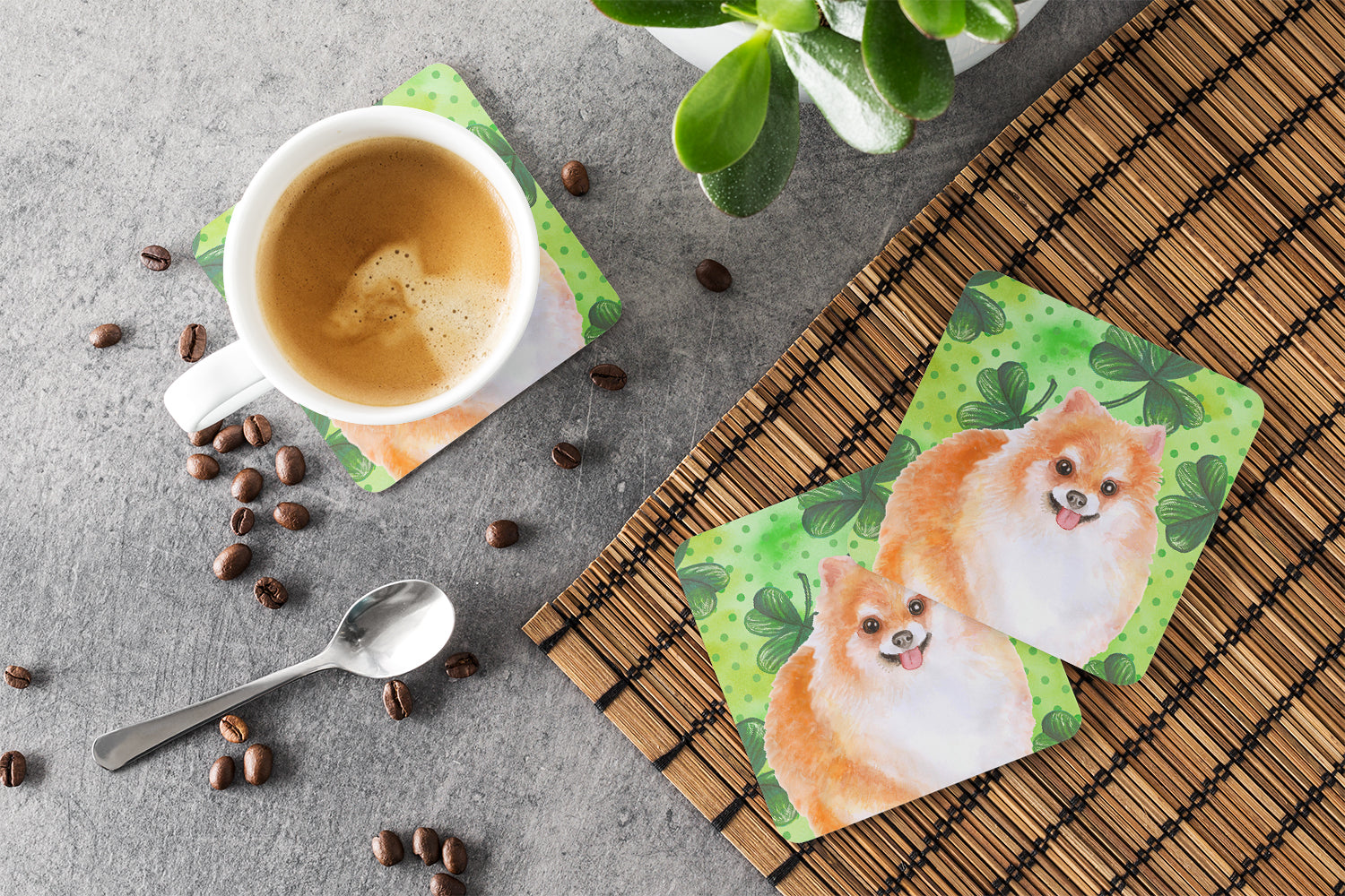 Pomeranian #2 St Patrick's Foam Coasters Set of 4 Cup Coasters for Indoor Outdoor, Tabletop Protection, Anti Slip, Mouse pad Material