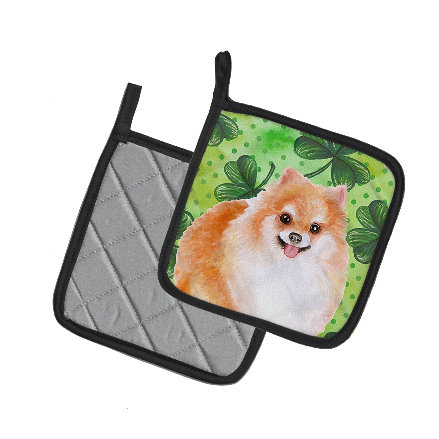 Pomeranian #2 St Patrick's Pot Holder Set of 2 Heat Resistant Quilted Hot Pads 7.5 x 7.5 Inch, Insulated Kitchen Trivets for Cooking & Baking