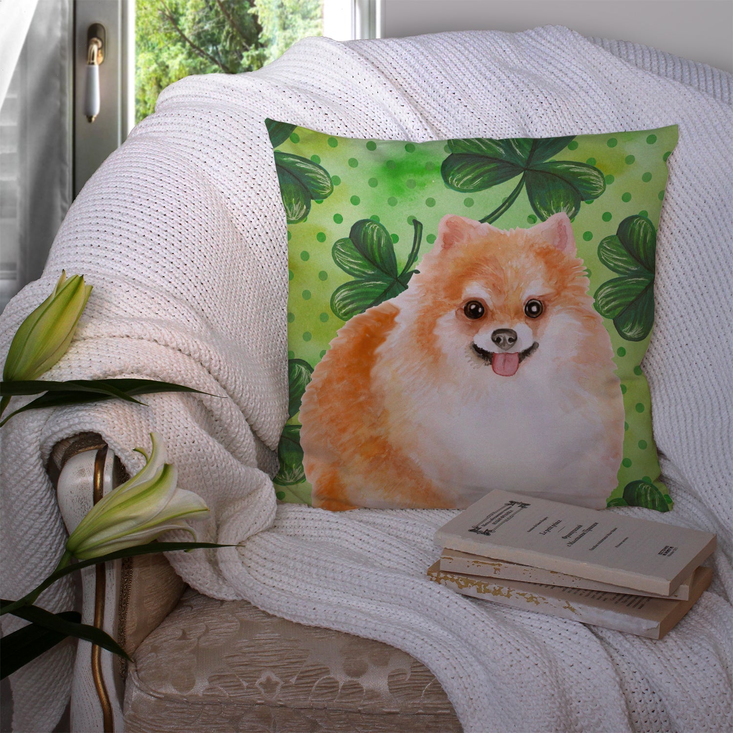 Pomeranian #2 St Patrick's Decorative Throw Pillow 14x14 Indoor Outdoor Accent Cushion, Fabric Cover with Insert for Sofa, Bed, Porch & Living Room
