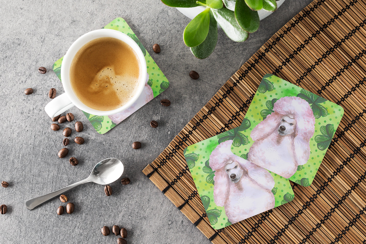 White Standard Poodle St Patrick's Foam Coasters Set of 4 Cup Coasters for Indoor Outdoor, Tabletop Protection, Anti Slip, Mouse pad Material