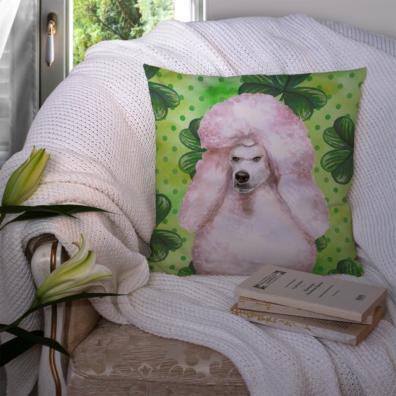 White Standard Poodle St Patrick's Decorative Throw Pillow 14x14 Indoor Outdoor Accent Cushion, Fabric Cover with Insert for Sofa, Bed, Porch & Living Room