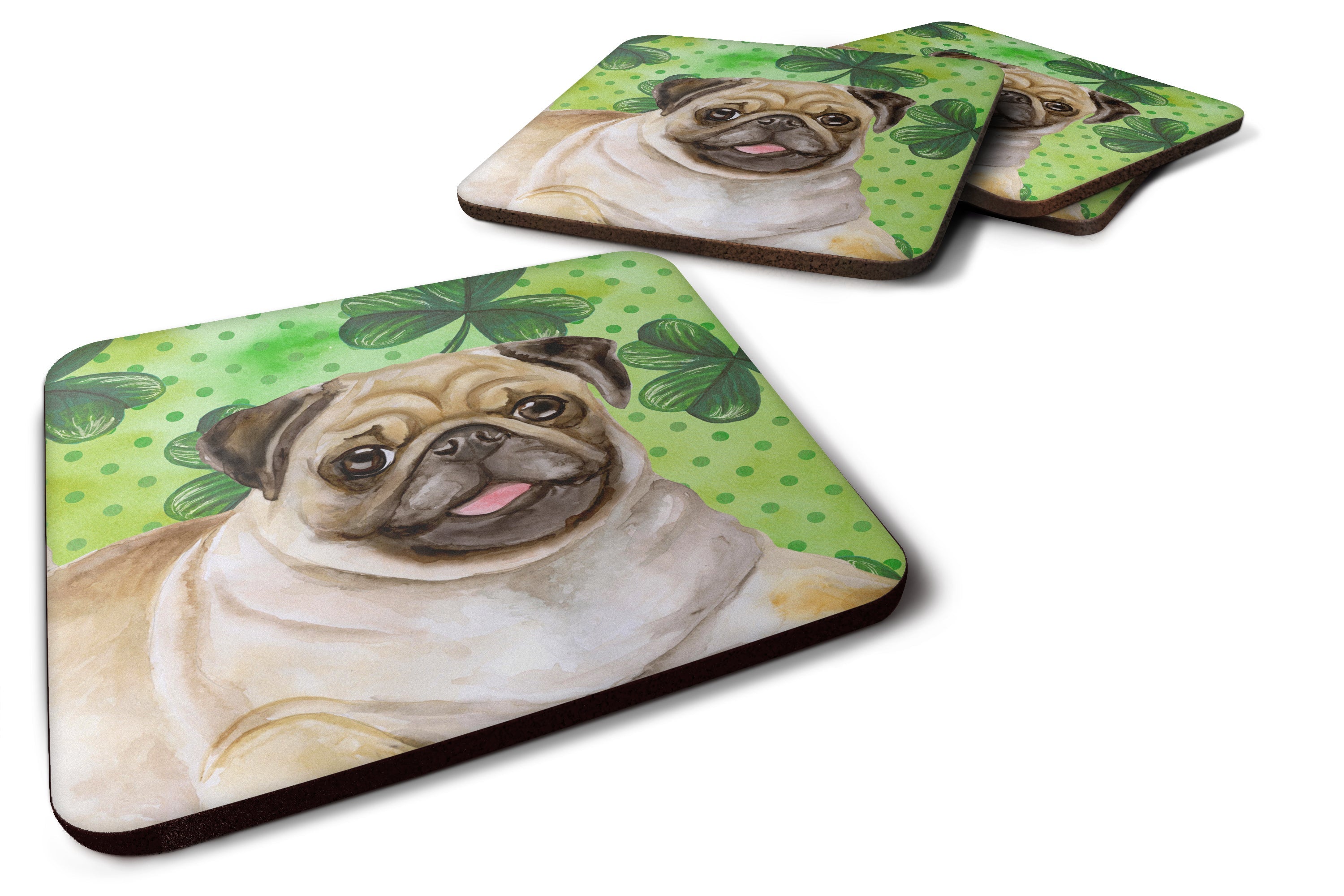 Fawn Pug St Patrick's Foam Coasters Set of 4 Cup Coasters for Indoor Outdoor, Tabletop Protection, Anti Slip, Mouse pad Material