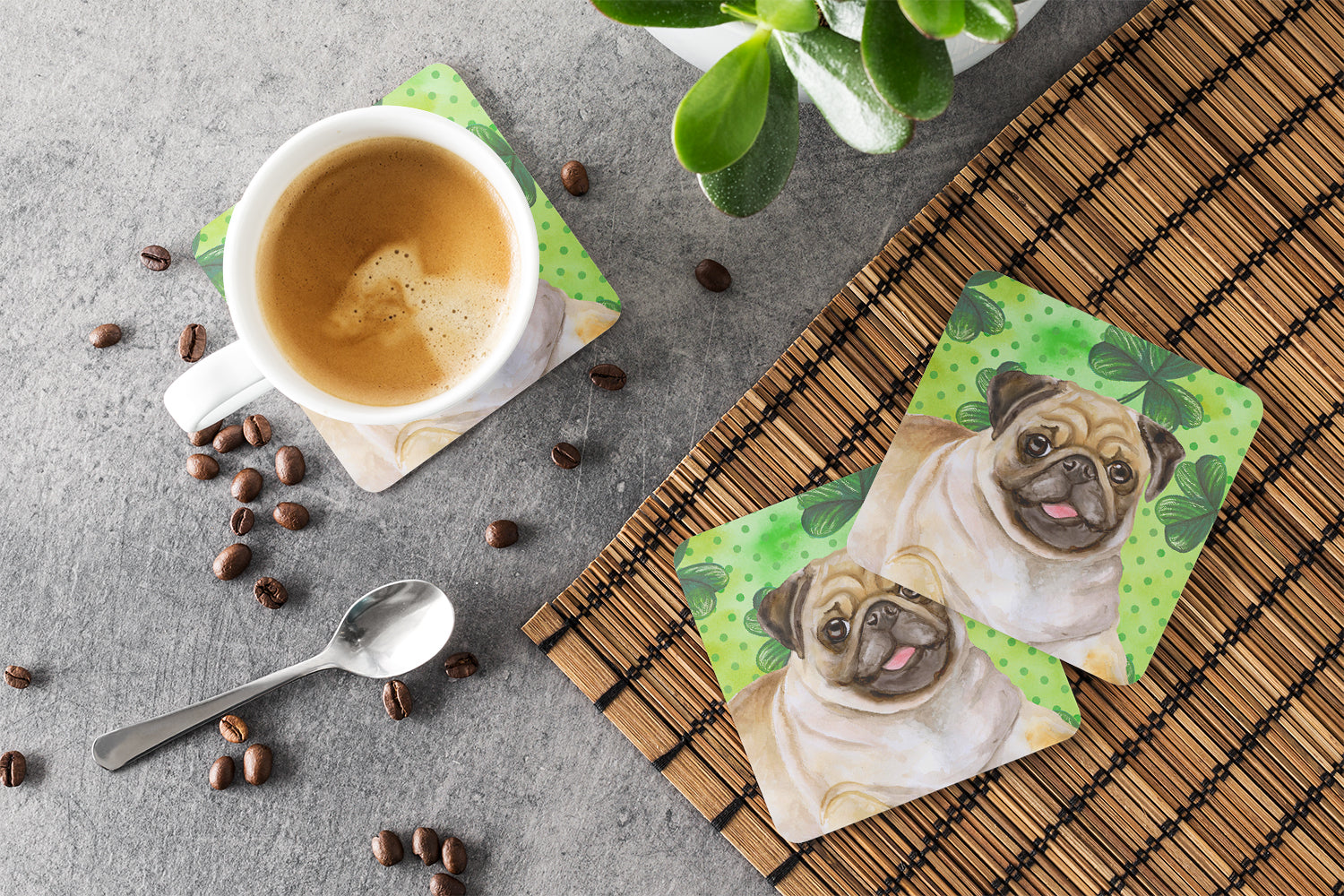 Fawn Pug St Patrick's Foam Coasters Set of 4 Cup Coasters for Indoor Outdoor, Tabletop Protection, Anti Slip, Mouse pad Material
