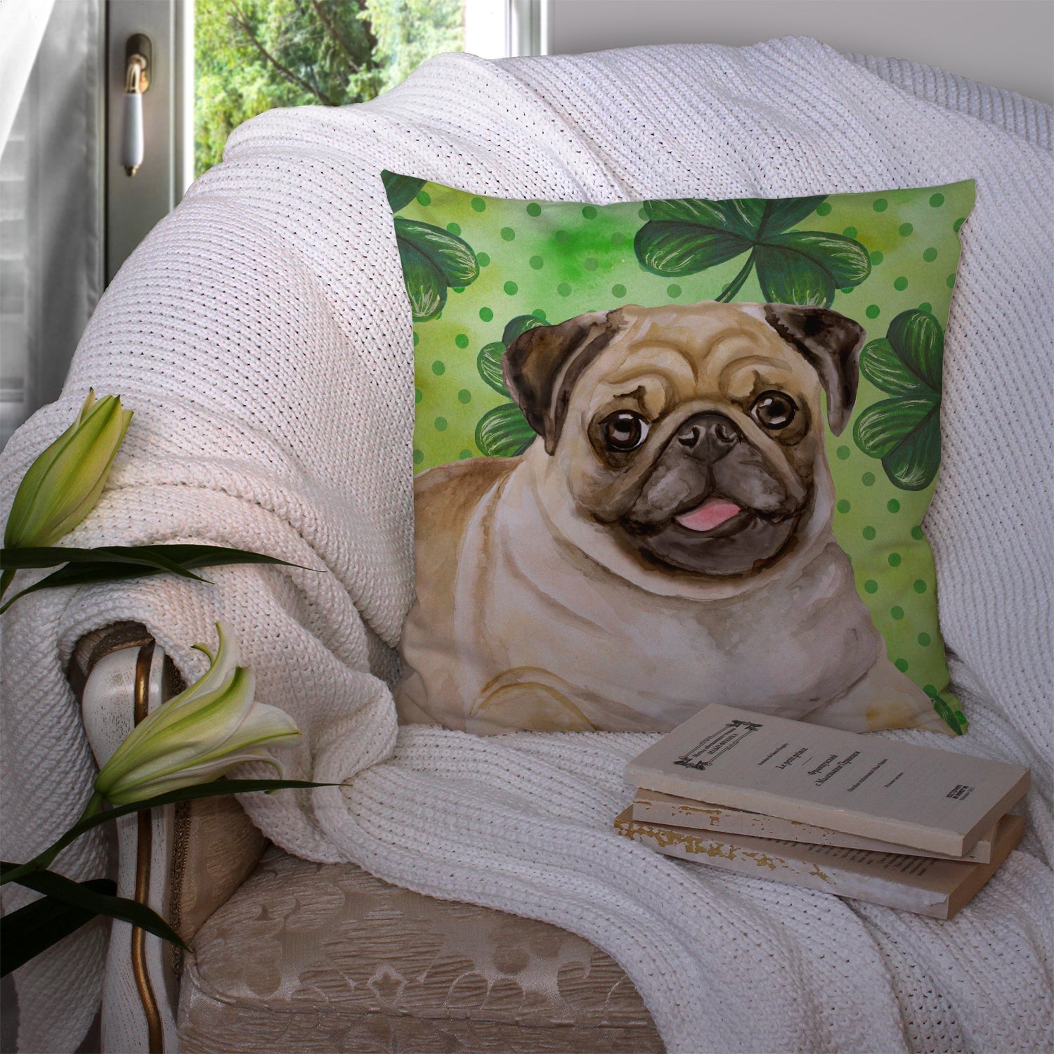 Fawn Pug St Patrick's Decorative Throw Pillow 14x14 Indoor Outdoor Accent Cushion, Fabric Cover with Insert for Sofa, Bed, Porch & Living Room