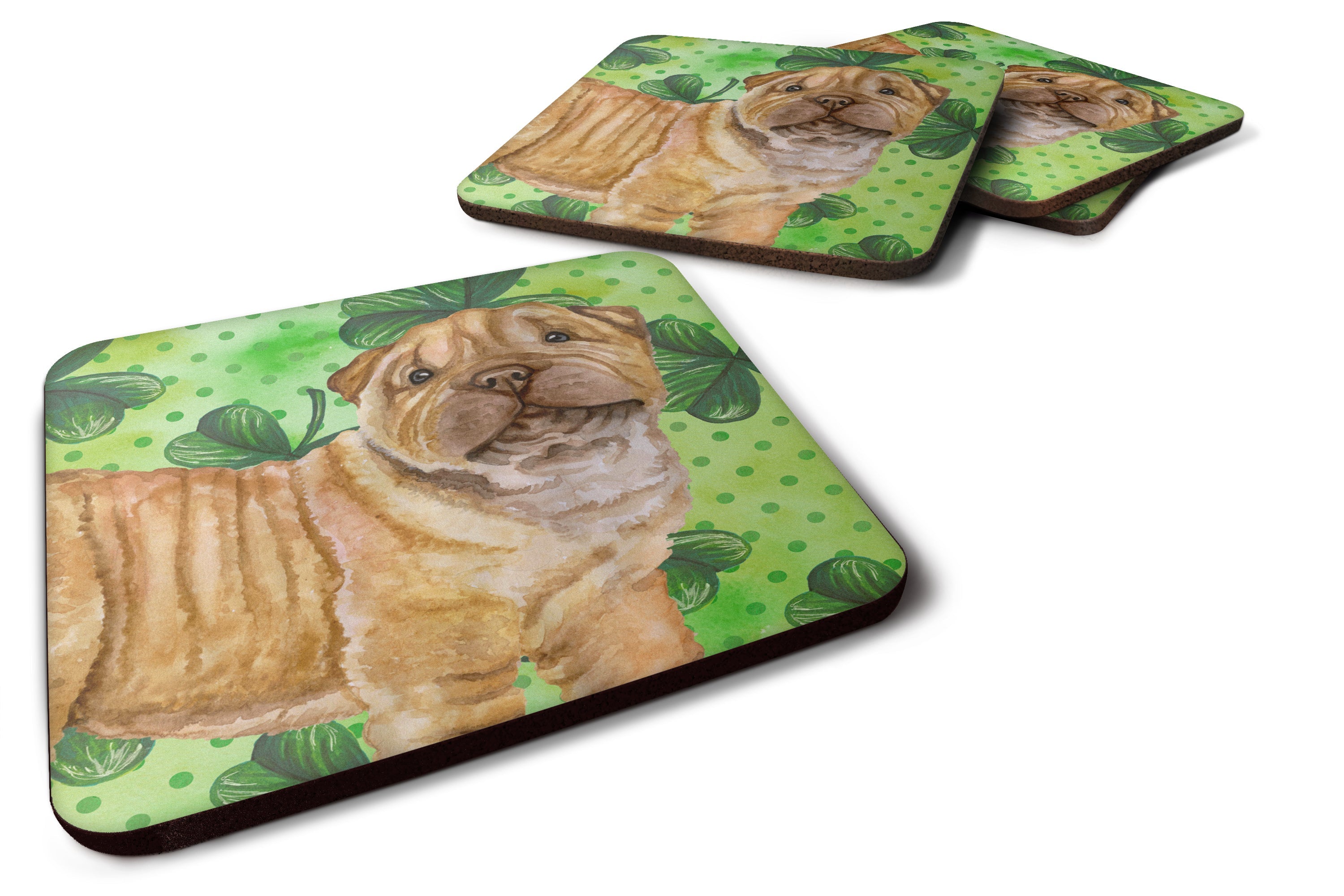 Shar Pei Puppy St Patrick's Foam Coasters Set of 4 Cup Coasters for Indoor Outdoor, Tabletop Protection, Anti Slip, Mouse pad Material
