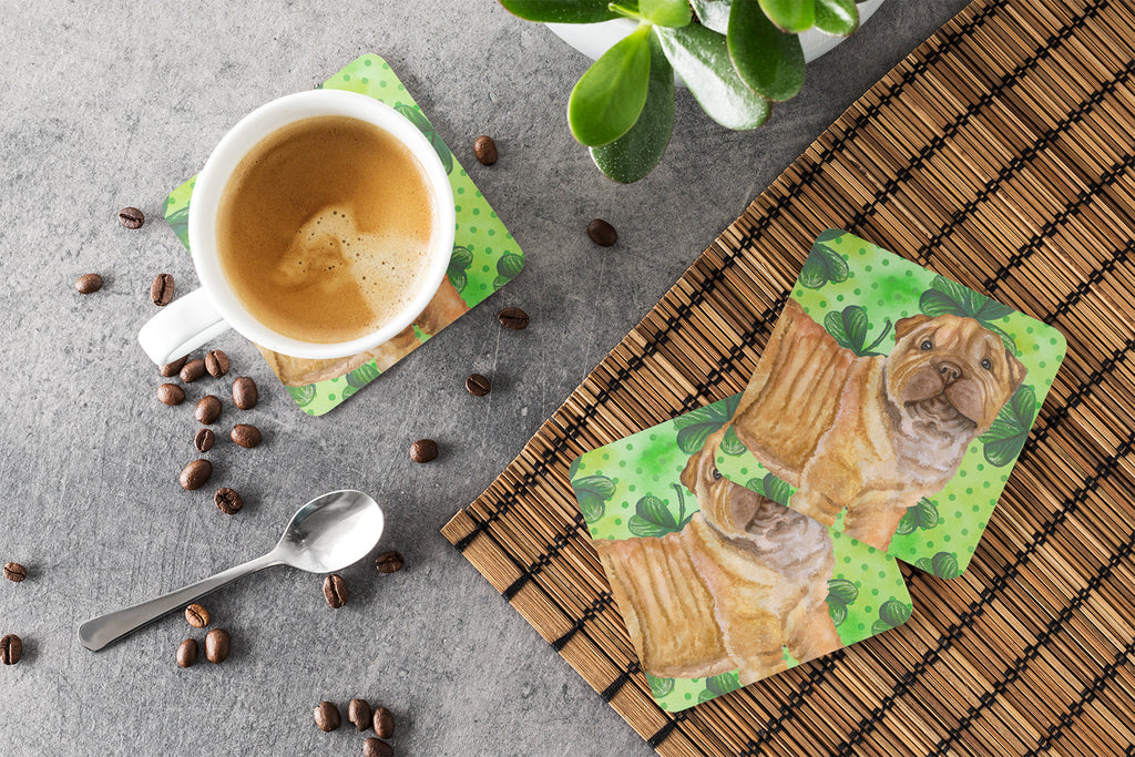 Shar Pei Puppy St Patrick's Foam Coasters Set of 4 Cup Coasters for Indoor Outdoor, Tabletop Protection, Anti Slip, Mouse pad Material
