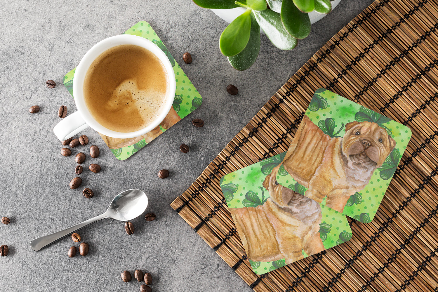 Shar Pei Puppy St Patrick's Foam Coasters Set of 4 Cup Coasters for Indoor Outdoor, Tabletop Protection, Anti Slip, Mouse pad Material