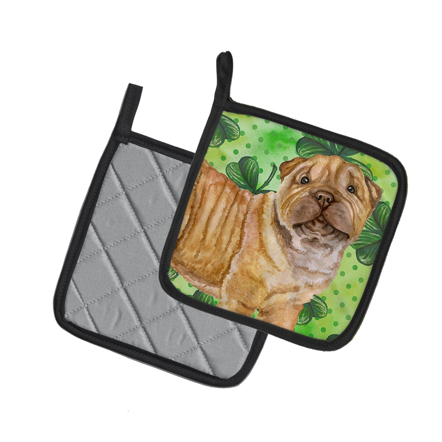 Shar Pei Puppy St Patrick's Pot Holder Set of 2 Heat Resistant Quilted Hot Pads 7.5 x 7.5 Inch, Insulated Kitchen Trivets for Cooking & Baking