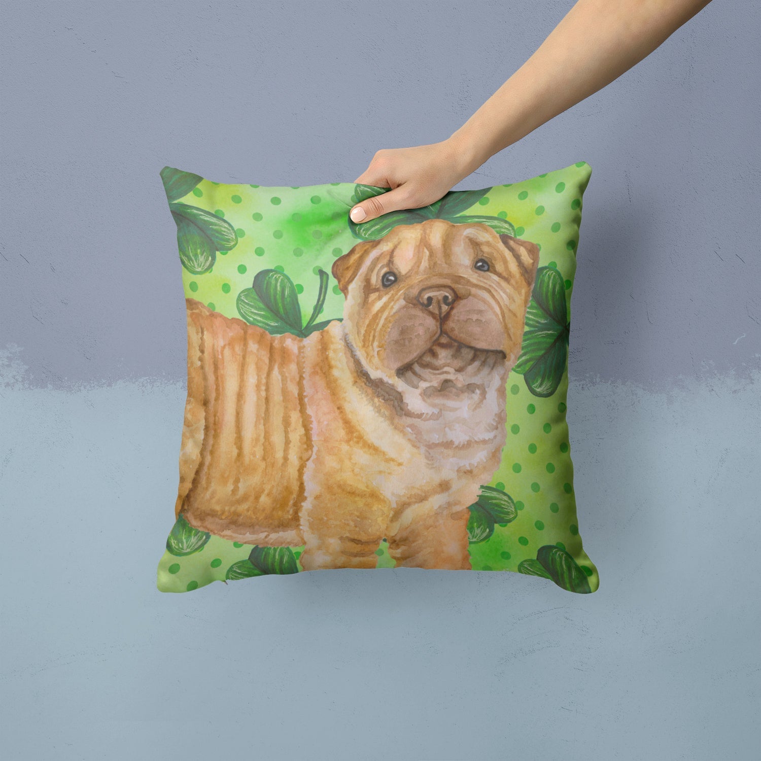 Shar Pei Puppy St Patrick's Decorative Throw Pillow 14x14 Indoor Outdoor Accent Cushion, Fabric Cover with Insert for Sofa, Bed, Porch & Living Room