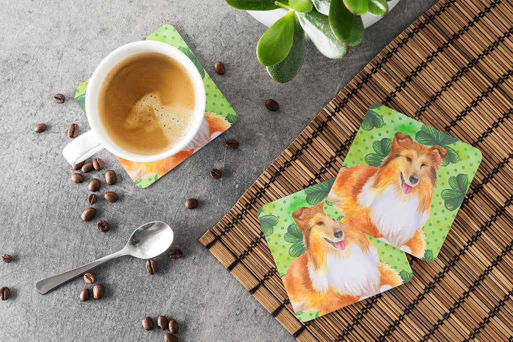 Sheltie St Patrick's Foam Coasters Set of 4 Cup Coasters for Indoor Outdoor, Tabletop Protection, Anti Slip, Mouse pad Material