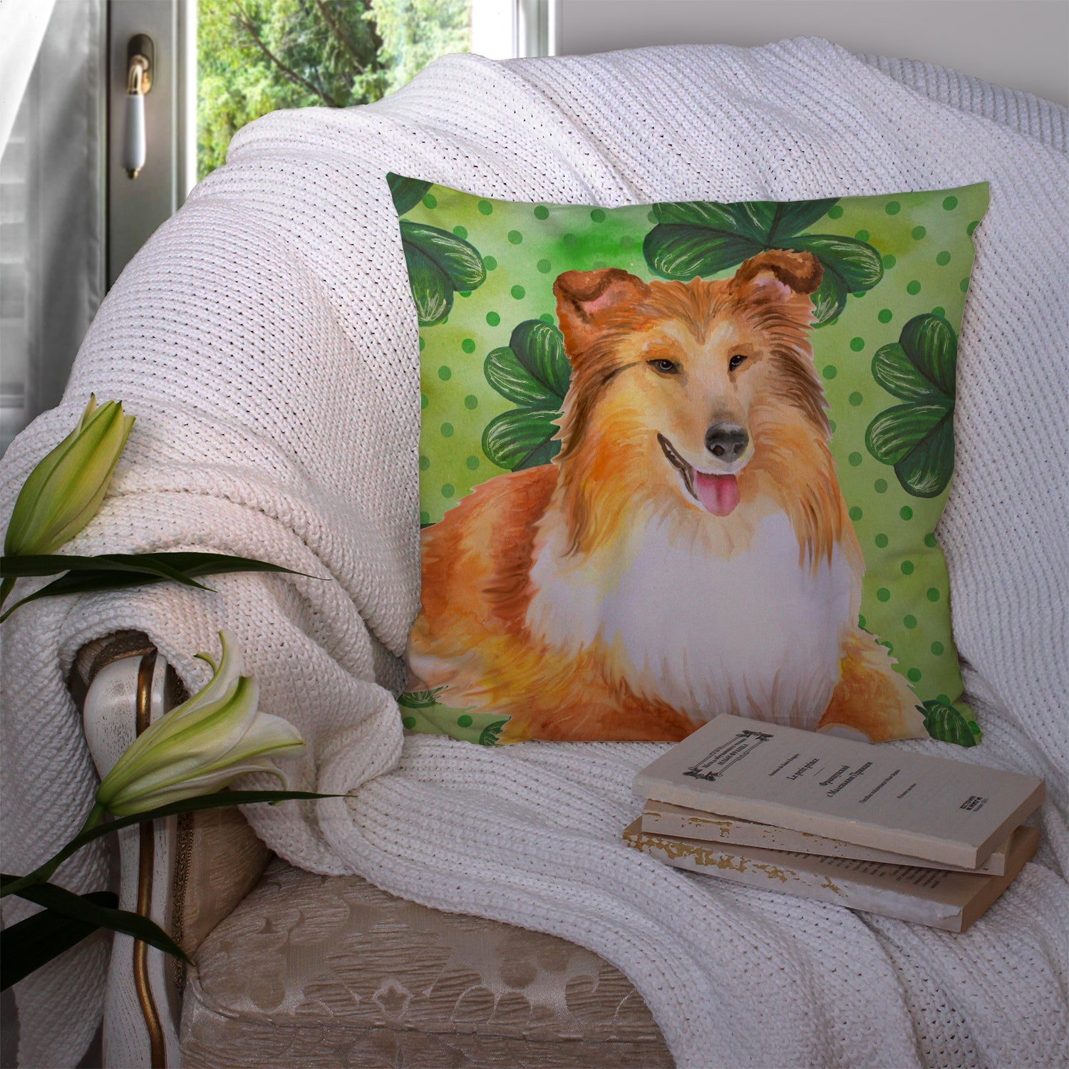 Sheltie St Patrick's Decorative Throw Pillow 14x14 Indoor Outdoor Accent Cushion, Fabric Cover with Insert for Sofa, Bed, Porch & Living Room