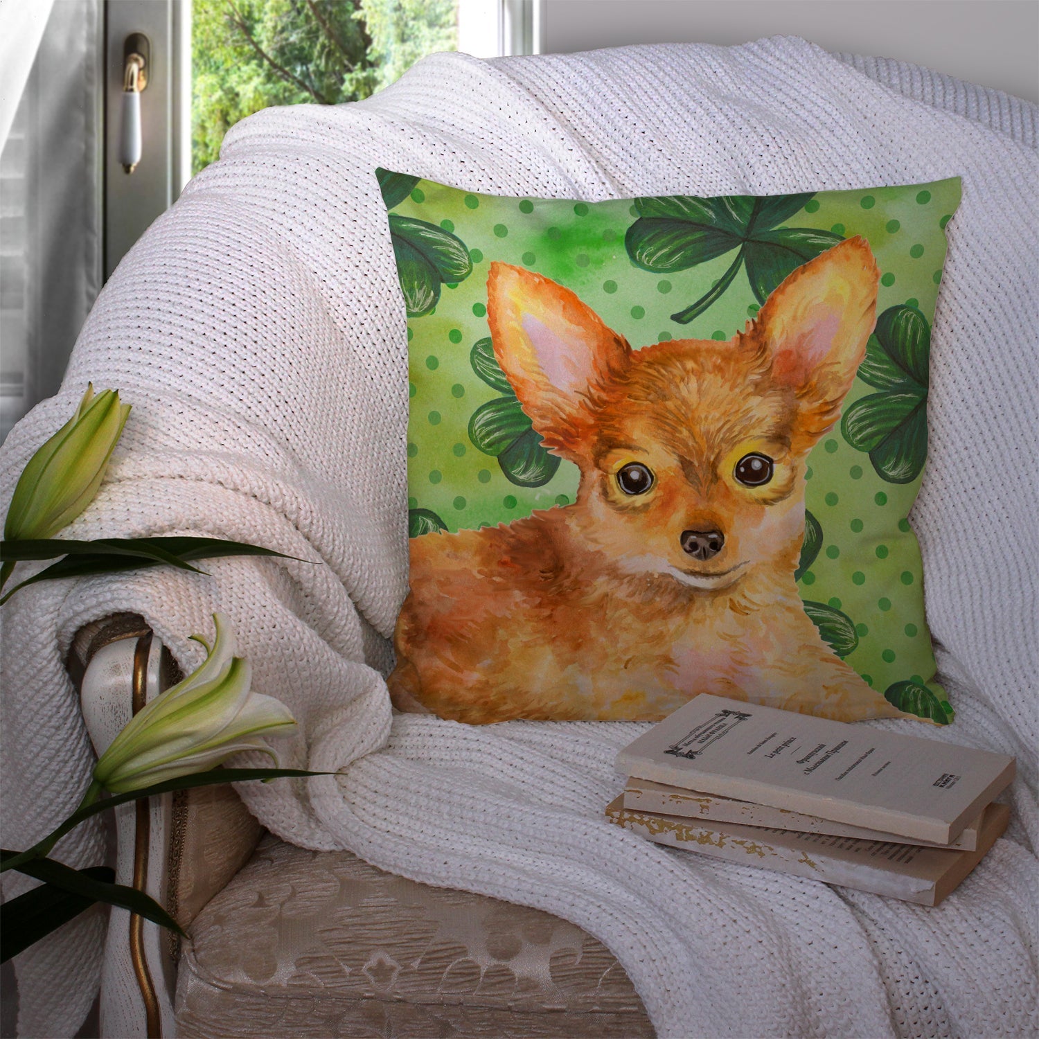 Toy Terrier St Patrick's Decorative Throw Pillow 14x14 Indoor Outdoor Accent Cushion, Fabric Cover with Insert for Sofa, Bed, Porch & Living Room