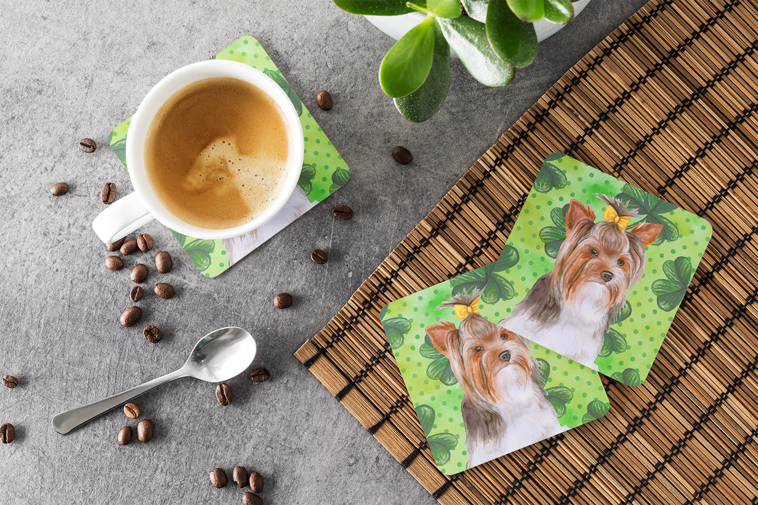 Yorkshire Terrier #2 St Patrick's Foam Coasters Set of 4 Cup Coasters for Indoor Outdoor, Tabletop Protection, Anti Slip, Mouse pad Material