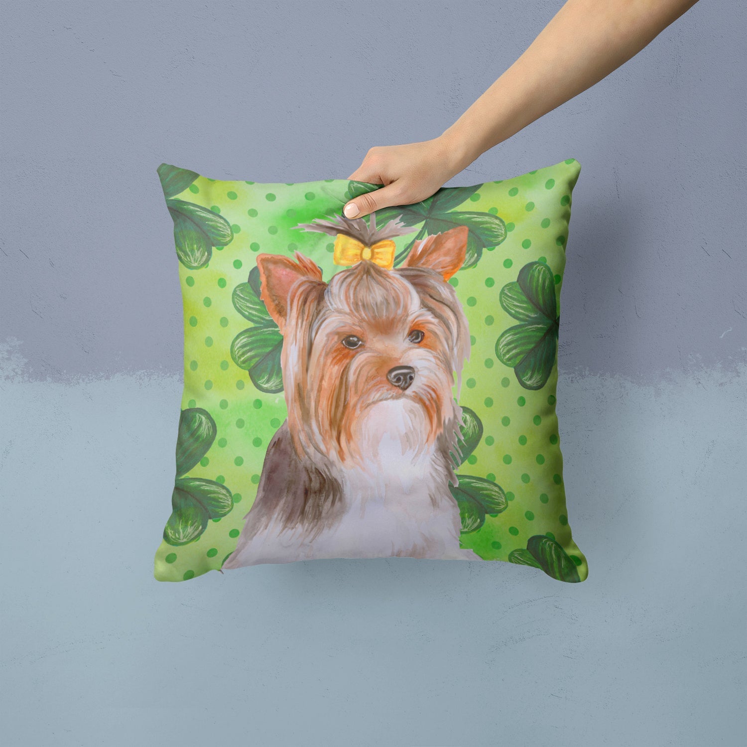 Yorkshire Terrier #2 St Patrick's Decorative Throw Pillow 14x14 Indoor Outdoor Accent Cushion, Fabric Cover with Insert for Sofa, Bed, Porch & Living Room