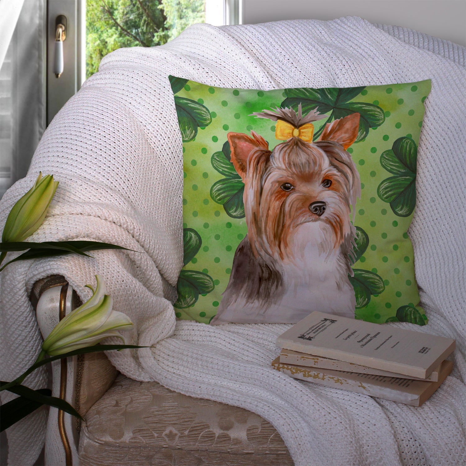 Yorkshire Terrier #2 St Patrick's Decorative Throw Pillow 14x14 Indoor Outdoor Accent Cushion, Fabric Cover with Insert for Sofa, Bed, Porch & Living Room