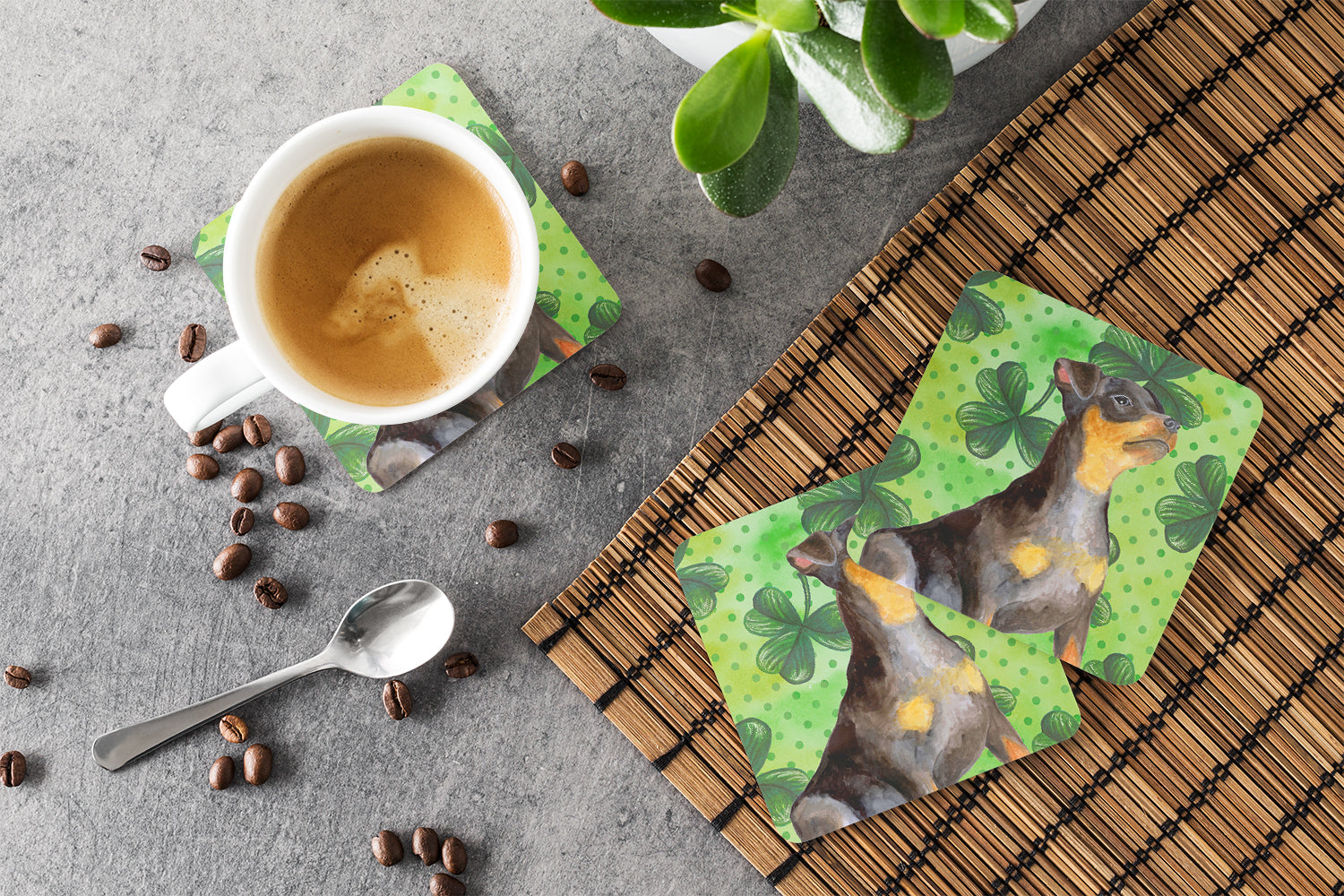 Miniature Pinscher #2 St Patrick's Foam Coasters Set of 4 Cup Coasters for Indoor Outdoor, Tabletop Protection, Anti Slip, Mouse pad Material