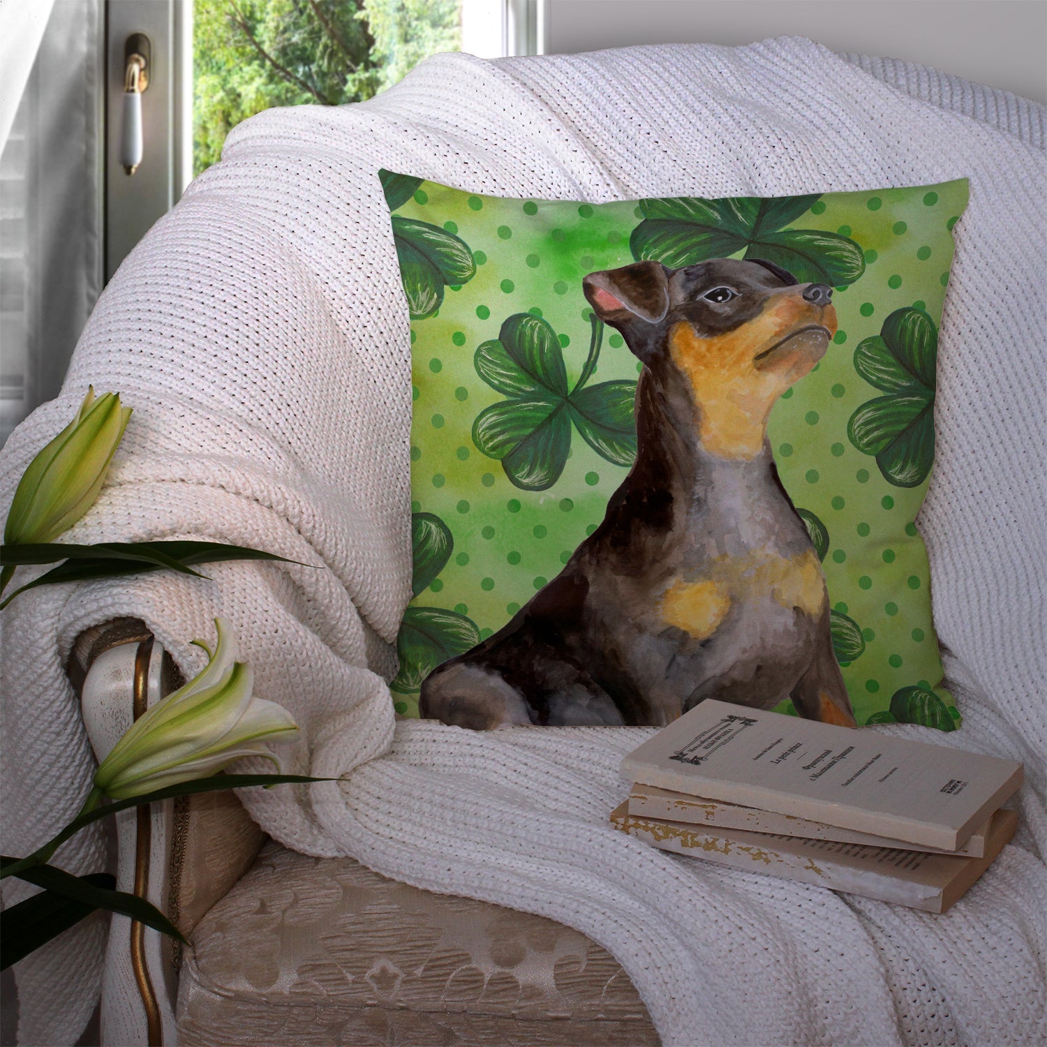 Miniature Pinscher #2 St Patrick's Decorative Throw Pillow 14x14 Indoor Outdoor Accent Cushion, Fabric Cover with Insert for Sofa, Bed, Porch & Living Room