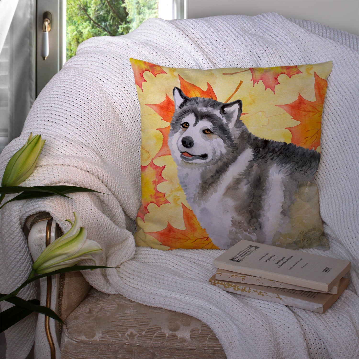 Alaskan Malamute Fall Decorative Throw Pillow 14x14 Indoor Outdoor Accent Cushion, Fabric Cover with Insert for Sofa, Bed, Porch & Living Room
