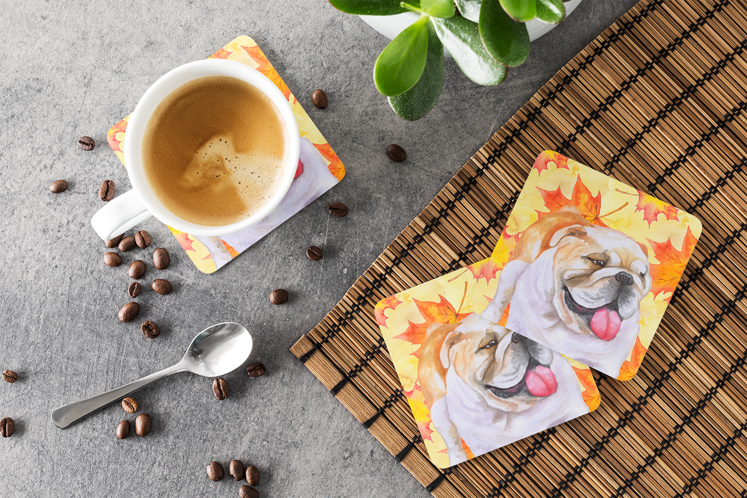English Bulldog Fall Foam Coasters Set of 4 Cup Coasters for Indoor Outdoor, Tabletop Protection, Anti Slip, Mouse pad Material