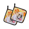 English Bulldog Fall Pot Holder Set of 2 Heat Resistant Quilted Hot Pads 7.5 x 7.5 Inch, Insulated Kitchen Trivets for Cooking & Baking