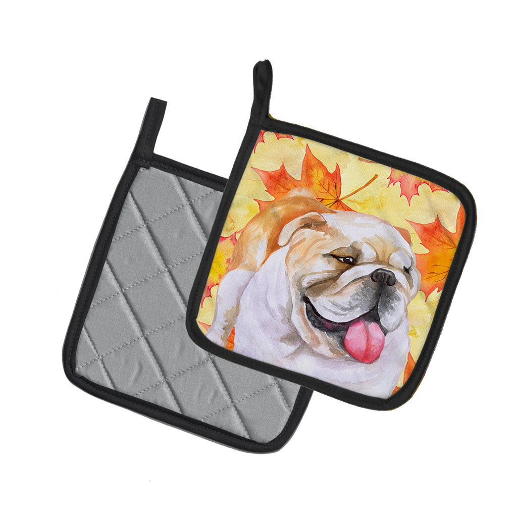 English Bulldog Fall Pot Holder Set of 2 Heat Resistant Quilted Hot Pads 7.5 x 7.5 Inch, Insulated Kitchen Trivets for Cooking & Baking