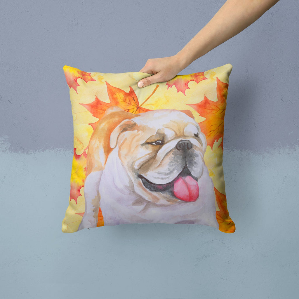 English Bulldog Fall Decorative Throw Pillow 14x14 Indoor Outdoor Accent Cushion, Fabric Cover with Insert for Sofa, Bed, Porch & Living Room