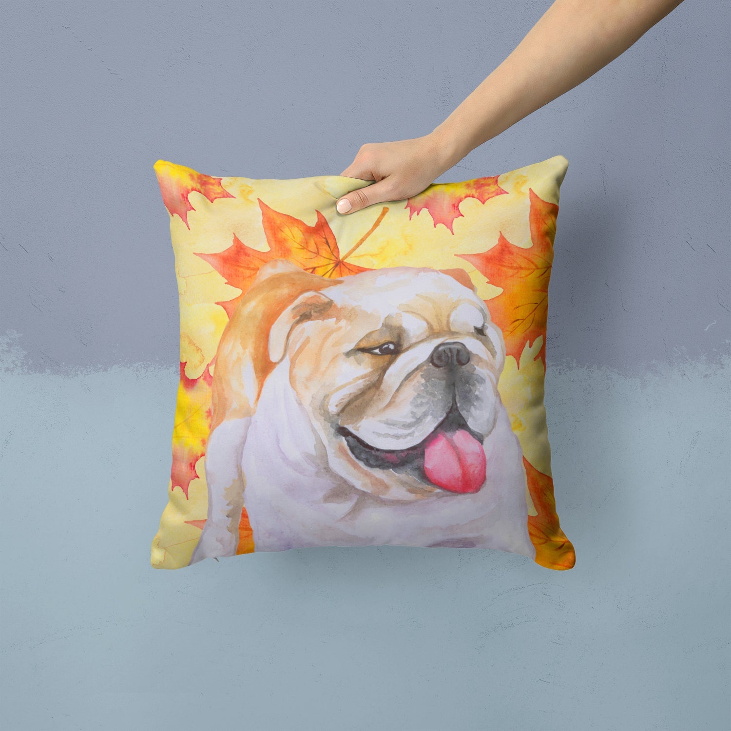 English Bulldog Fall Decorative Throw Pillow 14x14 Indoor Outdoor Accent Cushion, Fabric Cover with Insert for Sofa, Bed, Porch & Living Room