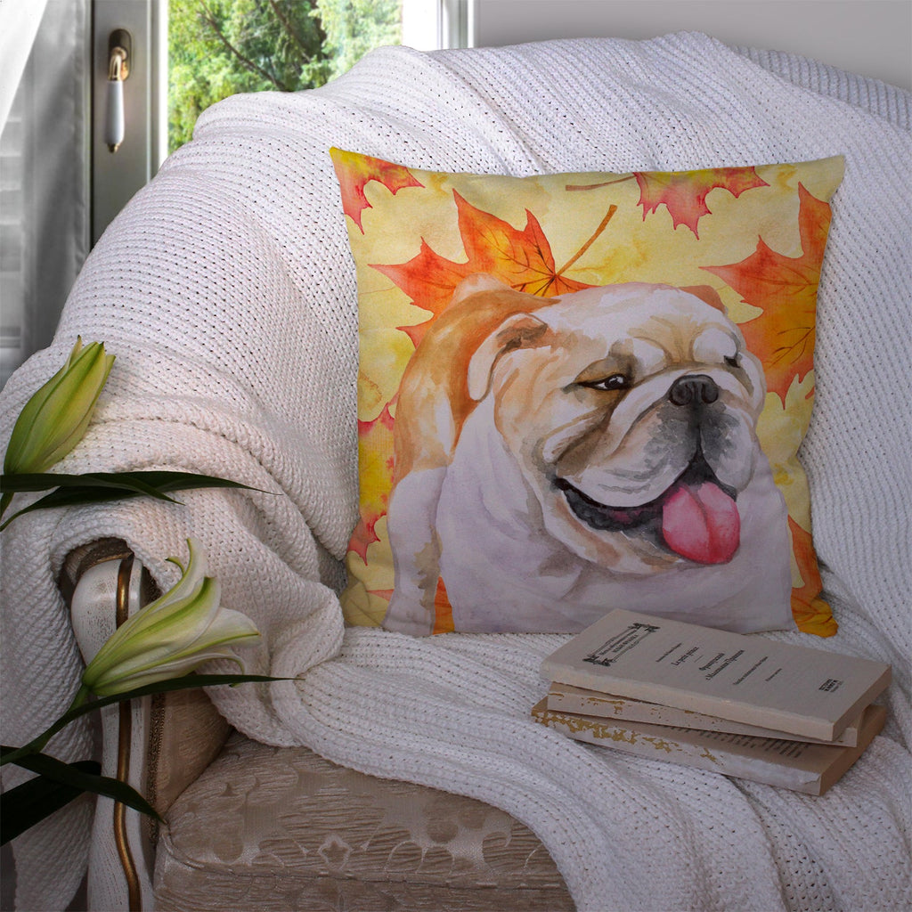 English Bulldog Fall Decorative Throw Pillow 14x14 Indoor Outdoor Accent Cushion, Fabric Cover with Insert for Sofa, Bed, Porch & Living Room