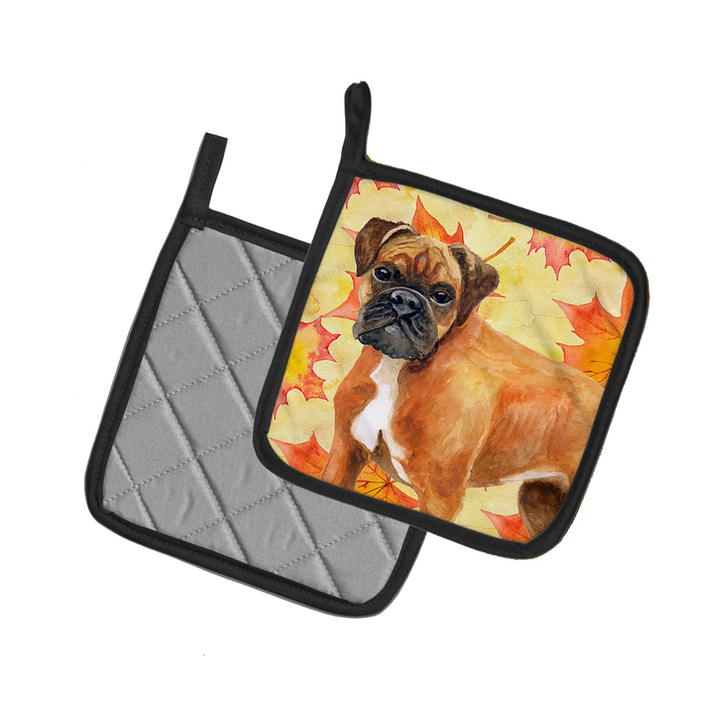 German Boxer Fall Pot Holder Set of 2 Heat Resistant Quilted Hot Pads 7.5 x 7.5 Inch, Insulated Kitchen Trivets for Cooking & Baking
