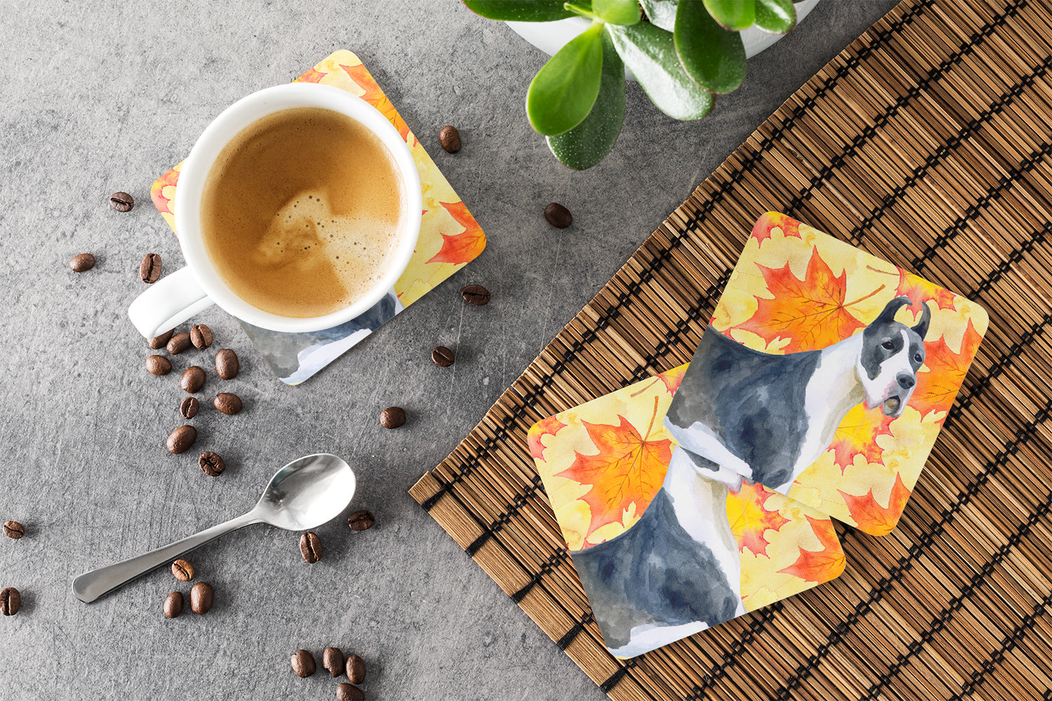 Harlequin Great Dane Fall Foam Coasters Set of 4 Cup Coasters for Indoor Outdoor, Tabletop Protection, Anti Slip, Mouse pad Material