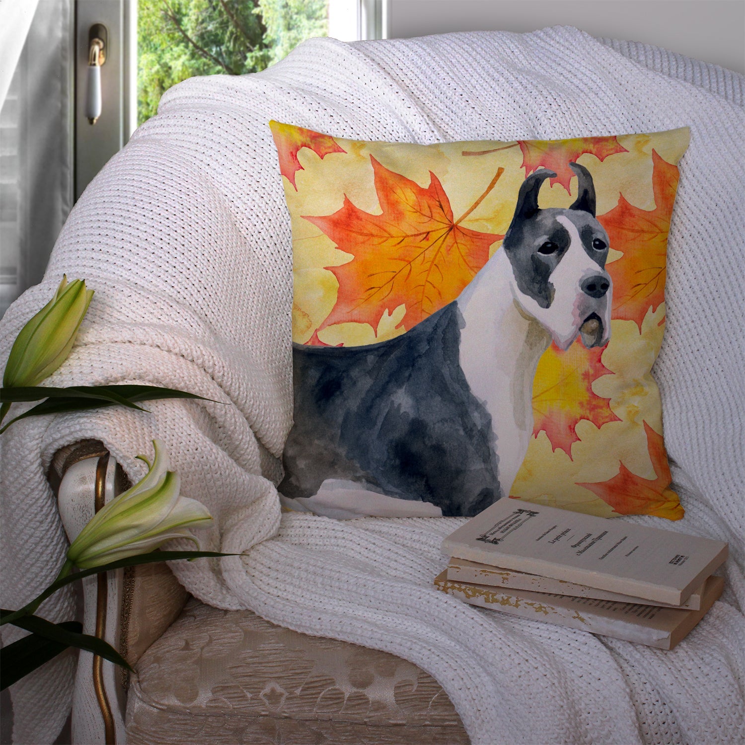 Harlequin Great Dane Fall Decorative Throw Pillow 14x14 Indoor Outdoor Accent Cushion, Fabric Cover with Insert for Sofa, Bed, Porch & Living Room