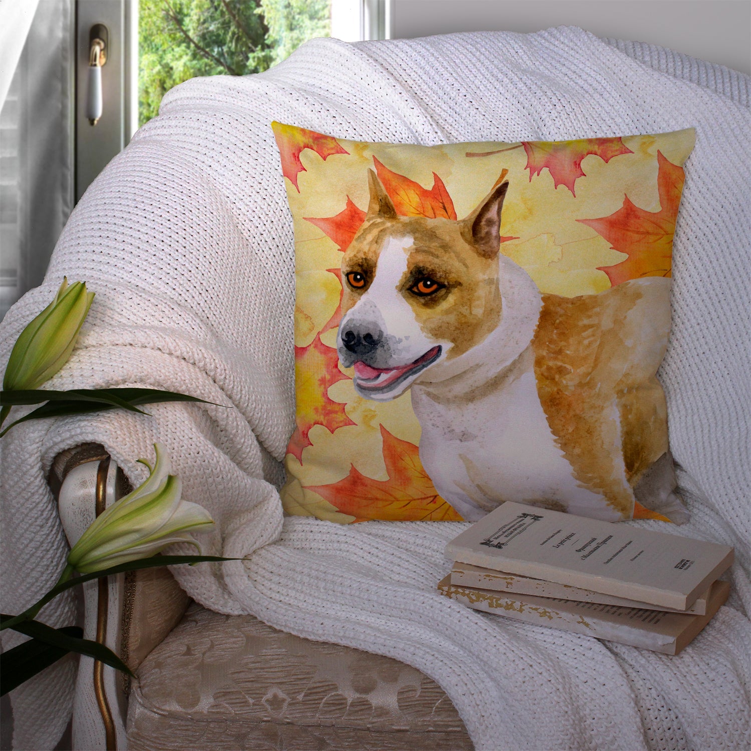 American Staffordshire Fall Decorative Throw Pillow 14x14 Indoor Outdoor Accent Cushion, Fabric Cover with Insert for Sofa, Bed, Porch & Living Room