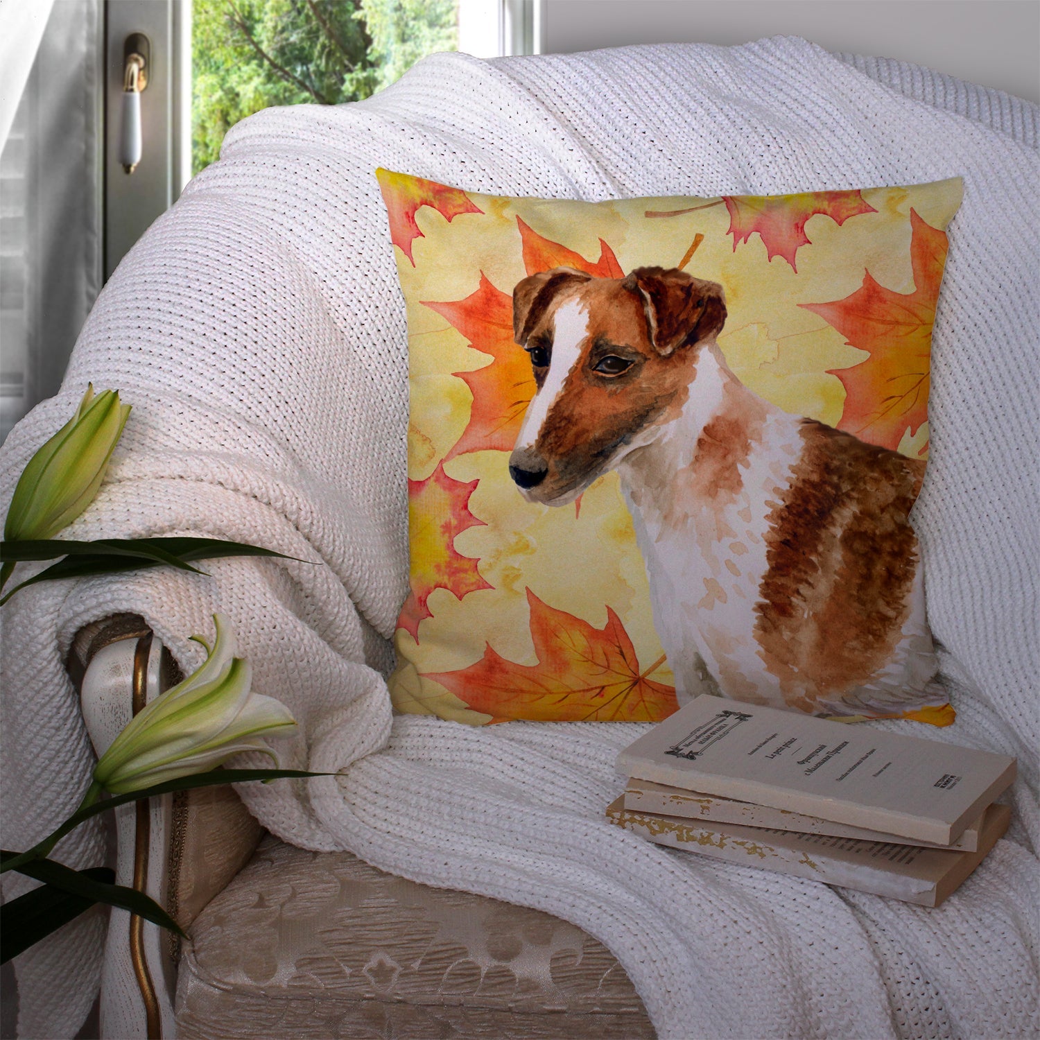 Smooth Fox Terrier Fall Decorative Throw Pillow 14x14 Indoor Outdoor Accent Cushion, Fabric Cover with Insert for Sofa, Bed, Porch & Living Room