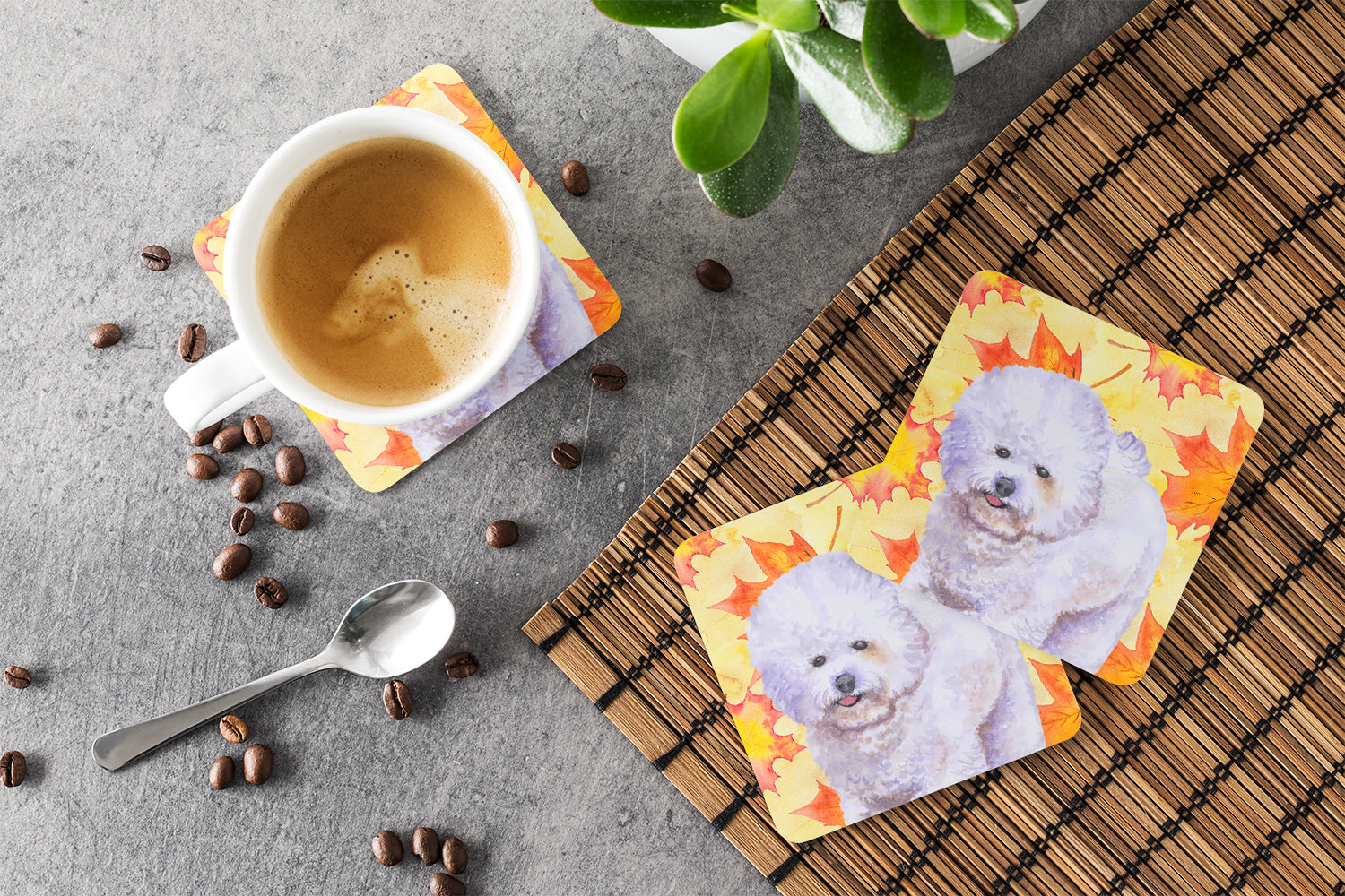 Bichon Frise Fall Foam Coasters Set of 4 Cup Coasters for Indoor Outdoor, Tabletop Protection, Anti Slip, Mouse pad Material