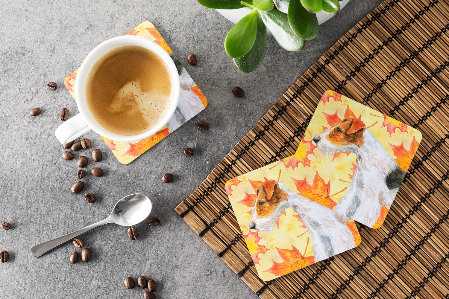 Fox Terrier Fall Foam Coasters Set of 4 Cup Coasters for Indoor Outdoor, Tabletop Protection, Anti Slip, Mouse pad Material
