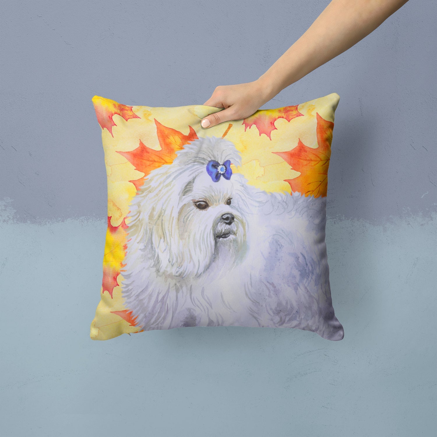 Maltese Fall Decorative Throw Pillow 14x14 Indoor Outdoor Accent Cushion, Fabric Cover with Insert for Sofa, Bed, Porch & Living Room