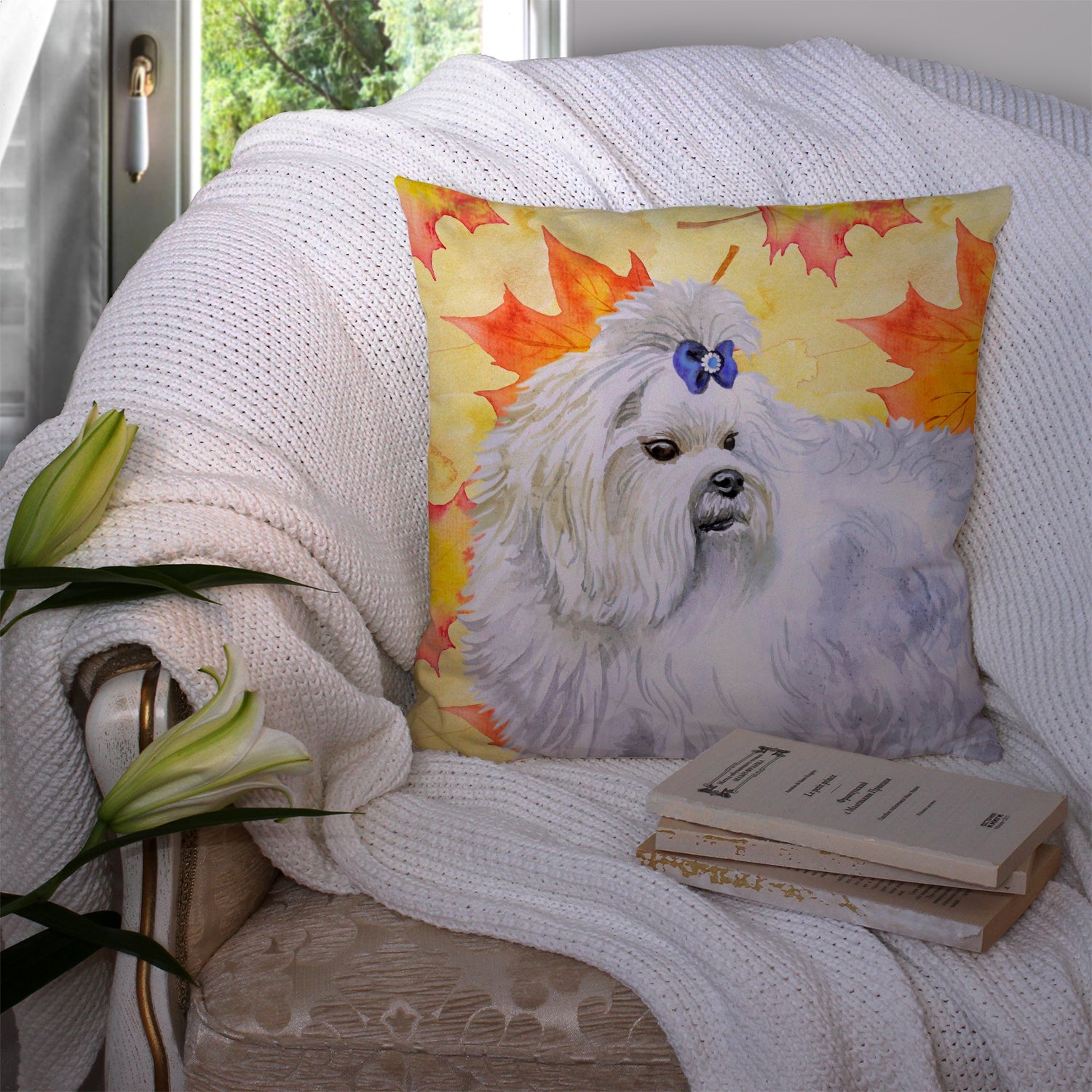 Maltese Fall Decorative Throw Pillow 14x14 Indoor Outdoor Accent Cushion, Fabric Cover with Insert for Sofa, Bed, Porch & Living Room