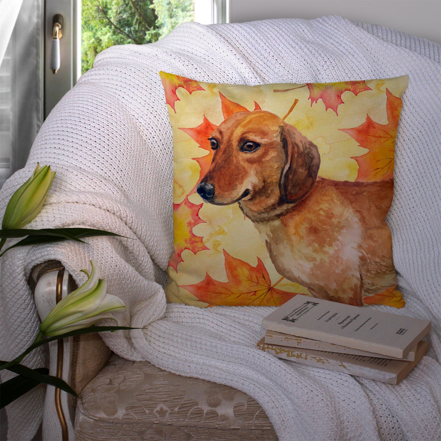 Dachshund Fall Decorative Throw Pillow 14x14 Indoor Outdoor Accent Cushion, Fabric Cover with Insert for Sofa, Bed, Porch & Living Room