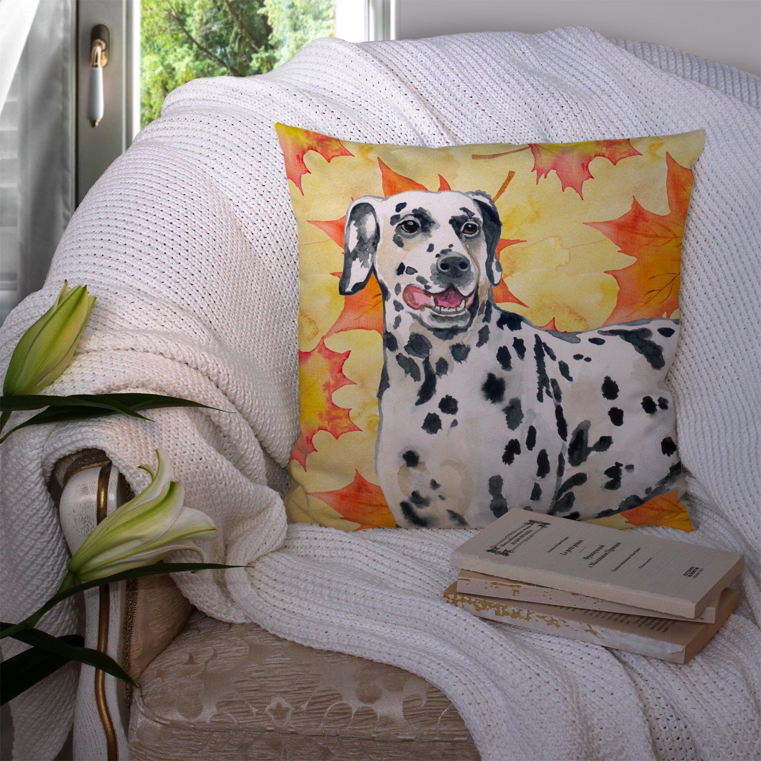 Dalmatian Fall Decorative Throw Pillow 14x14 Indoor Outdoor Accent Cushion, Fabric Cover with Insert for Sofa, Bed, Porch & Living Room